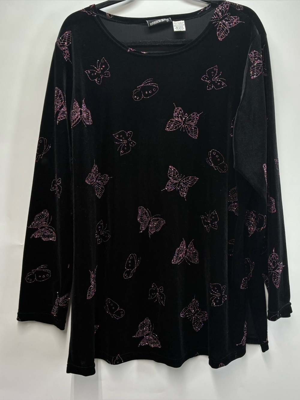 Vintage 90s Fashion Bug Plus Size 2X Black Velvet Butterfly Pink Glitter Top